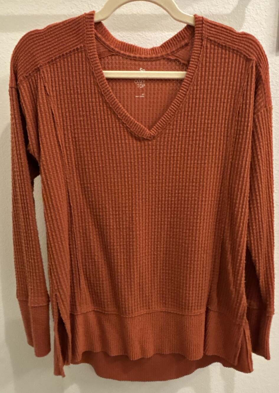 SO Cozy Top Thermal Waffle Knit V-Neck Long Sleeve Shirt Orange XS